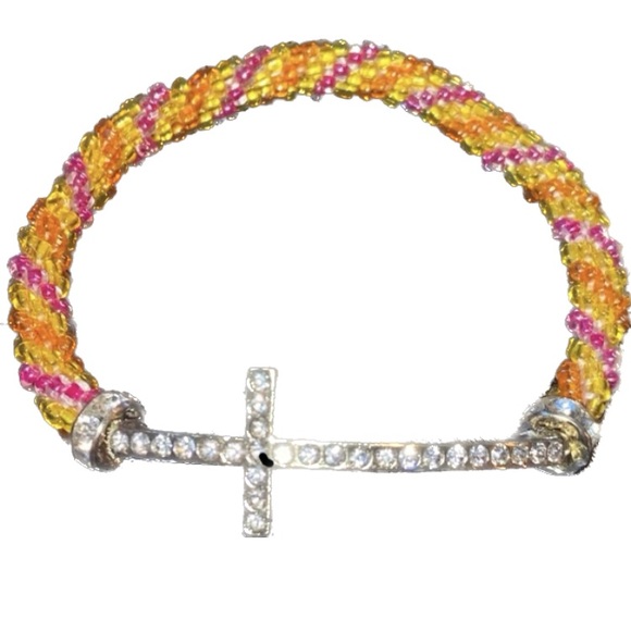 Glass Bead Roll On Rhinestone & Silver Tone Cross Bracelet. - Picture 1 of 8